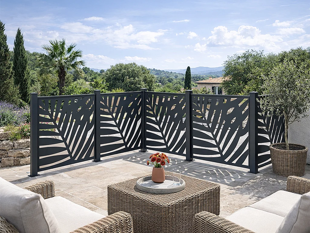 Aluminium schutting met uitgesneden tropisch motief - Starterset - H114 x B118 cm - Antraciet - TOGIRO