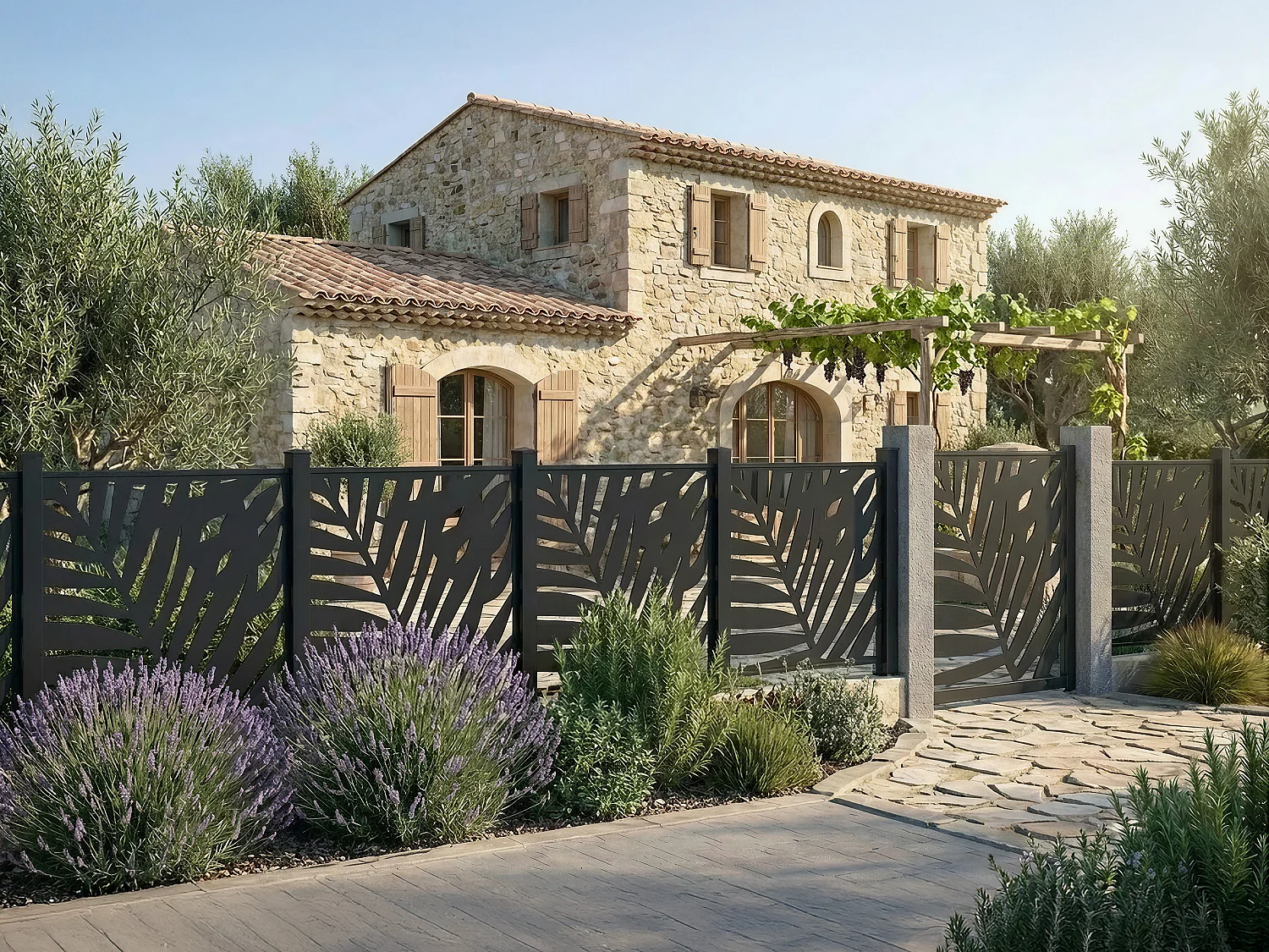 Ogrodzenie aluminiowe do postawienia z motywem tropikalnym wyciętym laserowo – zestaw rozszerzający – wys. 114 x szer. 110 cm – antracyt – TOGIRO