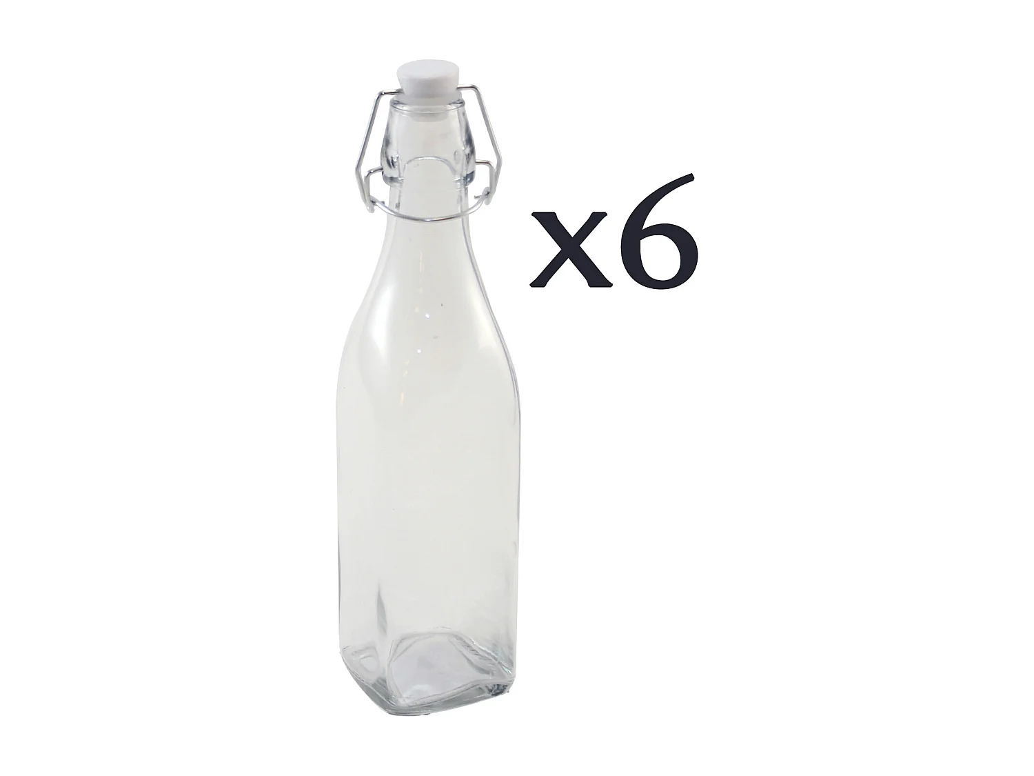 Lot de 6 bouteilles carrées en verre 0,5L avec bouchon hermétique-Longueur 6,5 x Largeur 6,5 x Hauteur 27cm