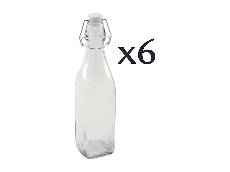 Lot de 6 bouteilles carrées en verre 0,5L avec bouchon hermétique-Longueur 6,5 x Largeur 6,5 x Hauteur 27cm