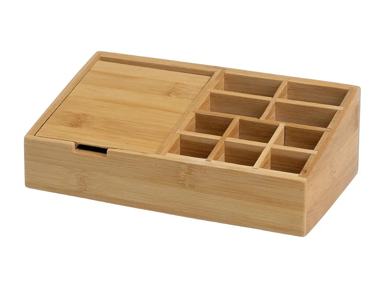 Organisateur de produits cosmétiques en bambou avec miroir - Longueur 25 x largeur 13 x Hauteur 8 cm