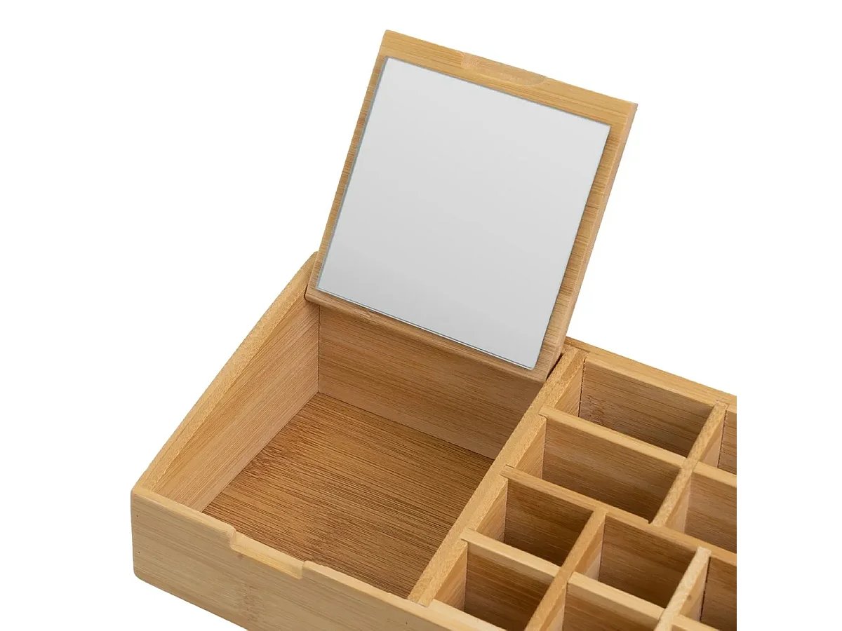 Organisateur de produits cosmétiques en bambou avec miroir - Longueur 25 x largeur 13 x Hauteur 8 cm