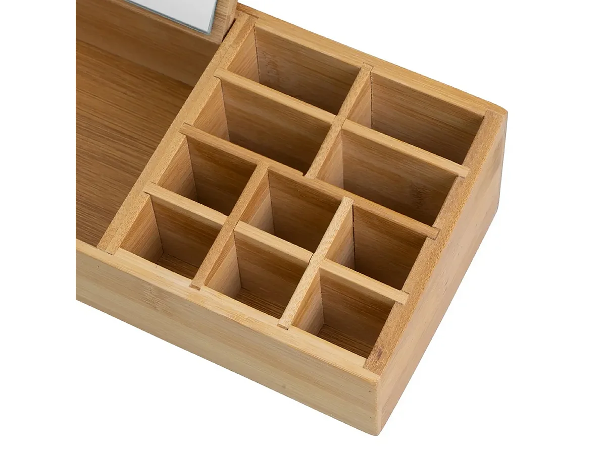 Organisateur de produits cosmétiques en bambou avec miroir - Longueur 25 x largeur 13 x Hauteur 8 cm