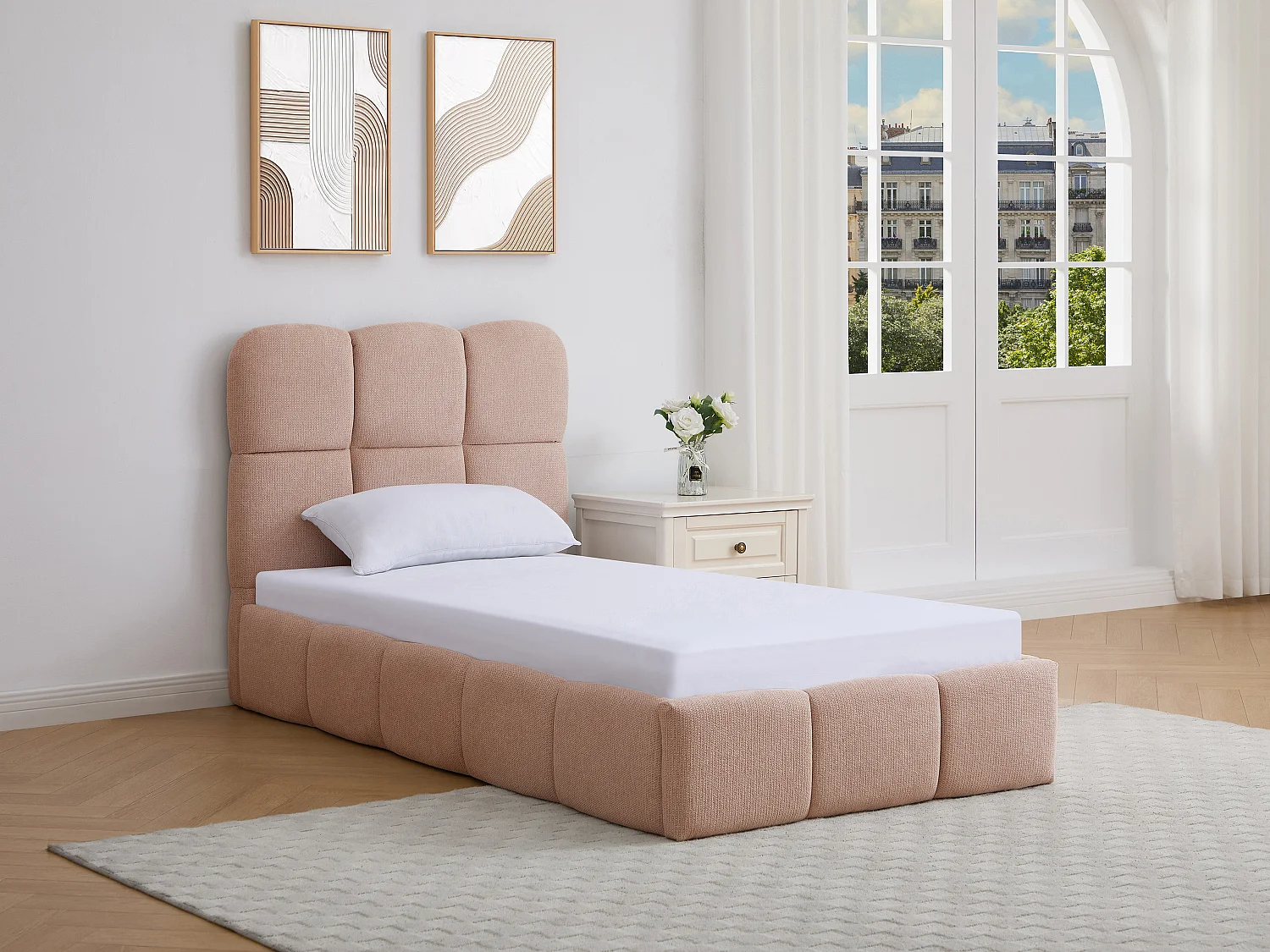 Lit coffre 90 x 190 cm – Tissu texturé – Rose + Matelas – DILUDO