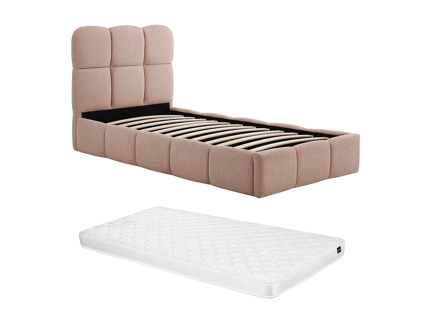 Lit coffre 90 x 190 cm – Tissu texturé – Rose + Matelas – DILUDO