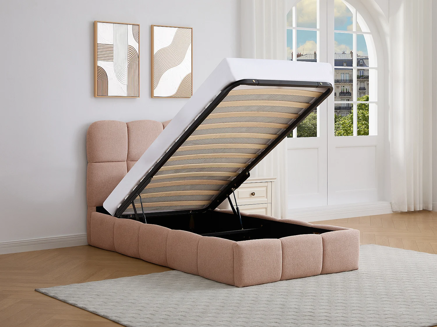 Lit coffre 90 x 190 cm – Tissu texturé – Rose + Matelas – DILUDO