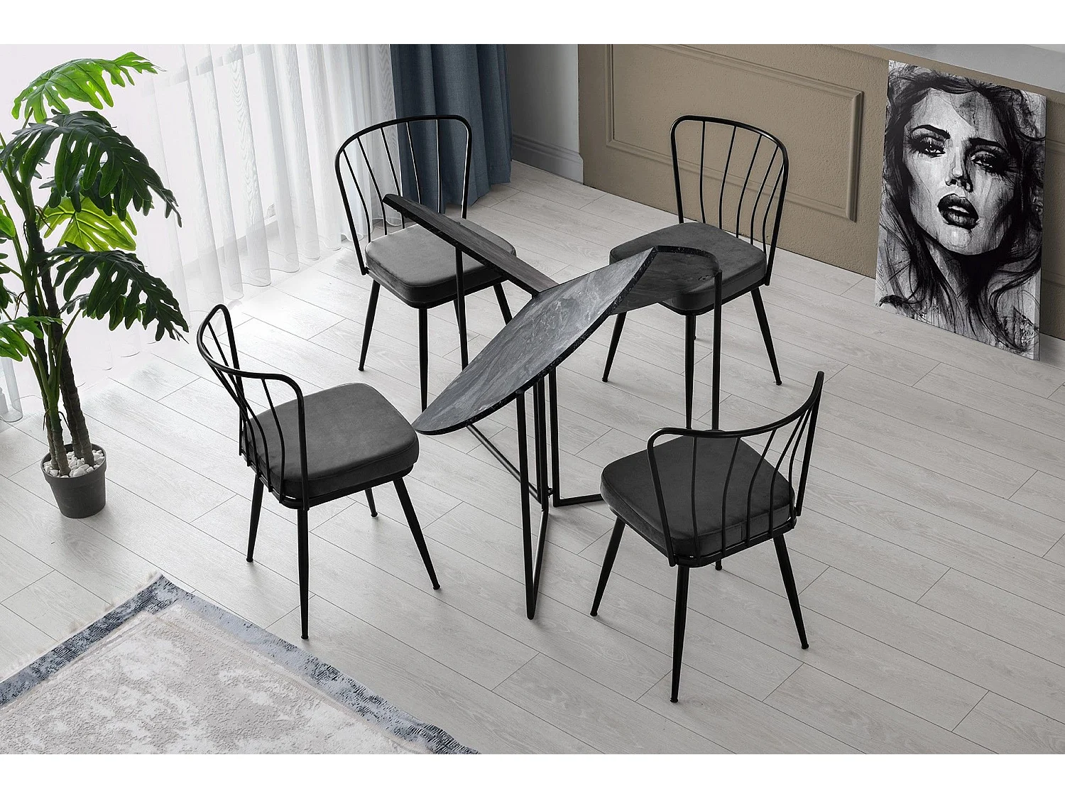 Table ronde pliable gain de place Origami Ø100cm Effet marbre noir et Métal Noir