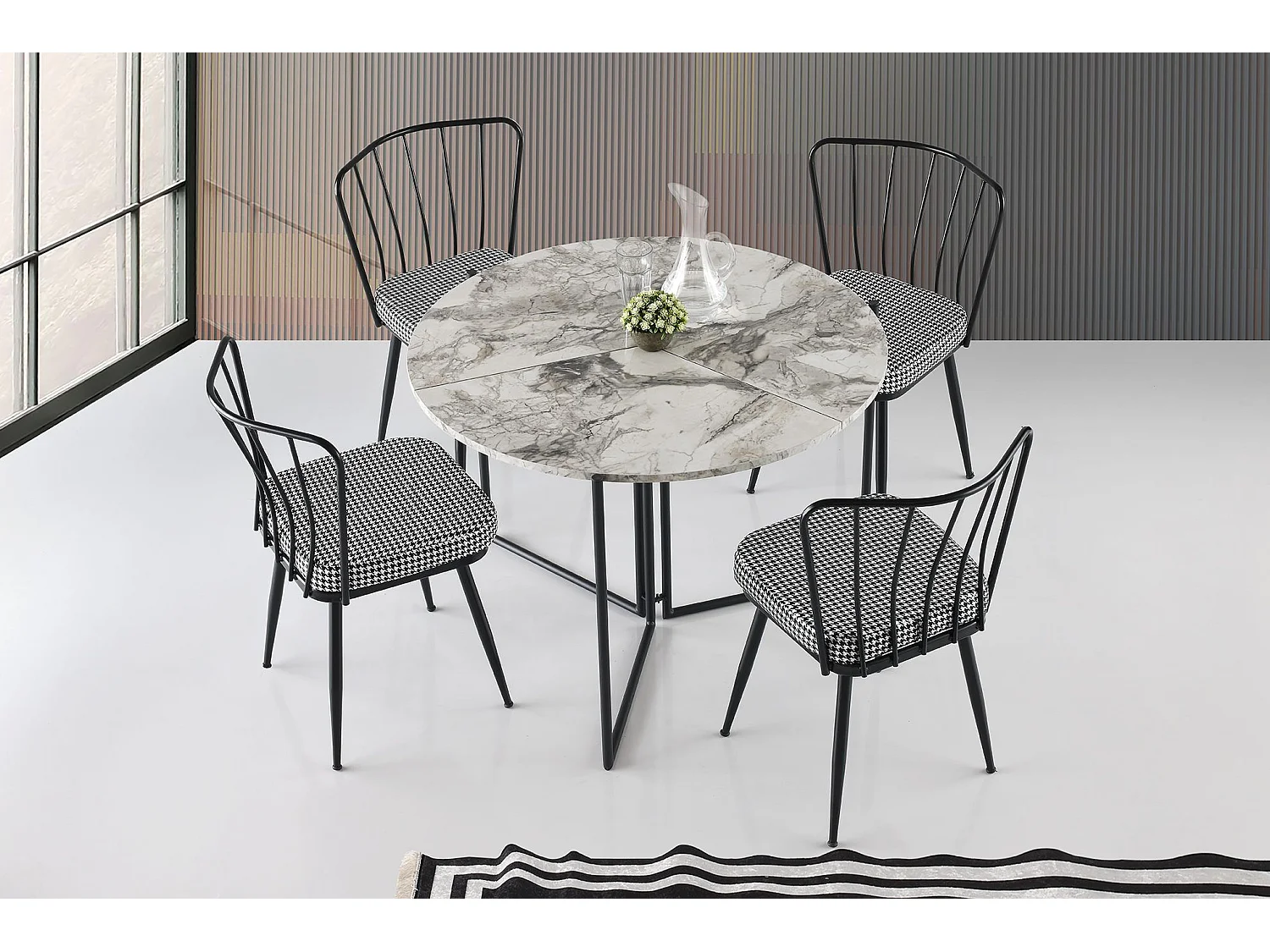 Table ronde pliable gain de place Origami Ø100cm Effet marbre blanc et Métal Noir