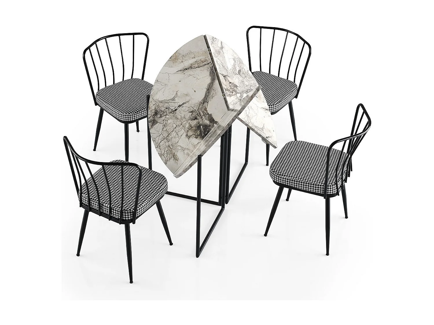 Table ronde pliable gain de place Origami Ø100cm Effet marbre blanc et Métal Noir