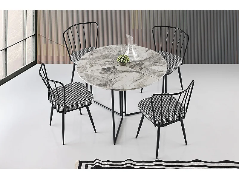 Table ronde pliable gain de place Origami Ø100cm Effet marbre blanc et Métal Noir