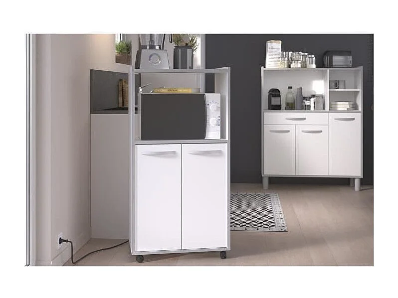 Kompakter Küchenwagen 60 cm mattweiß 2 Türen + Nische mit Regal, Mikrowellenfach, Kunststofffüße, Made in France