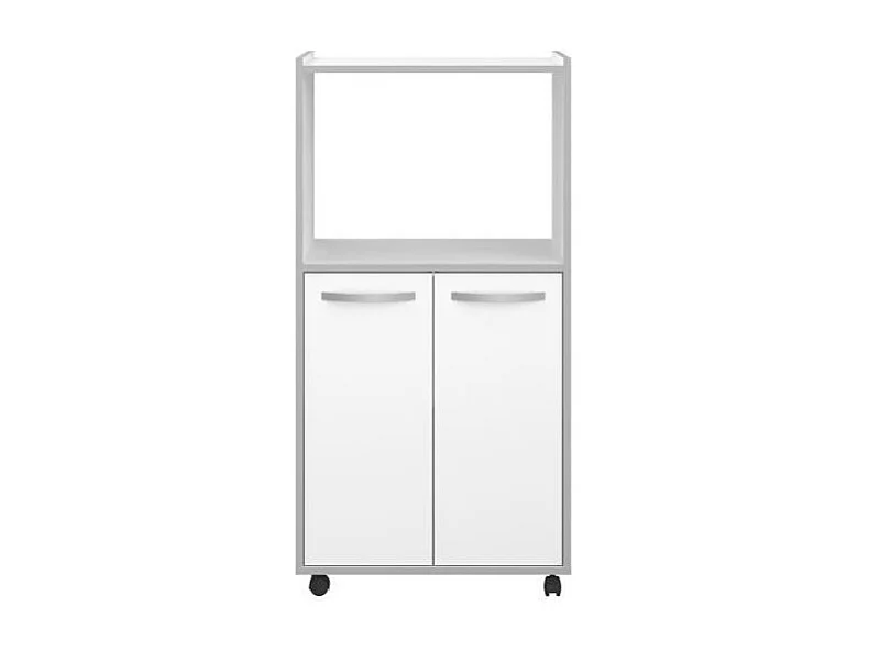 Kompakter Küchenwagen 60 cm mattweiß 2 Türen + Nische mit Regal, Mikrowellenfach, Kunststofffüße, Made in France