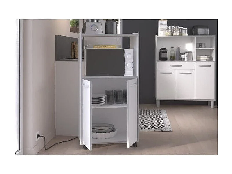 Kompakter Küchenwagen 60 cm mattweiß 2 Türen + Nische mit Regal, Mikrowellenfach, Kunststofffüße, Made in France