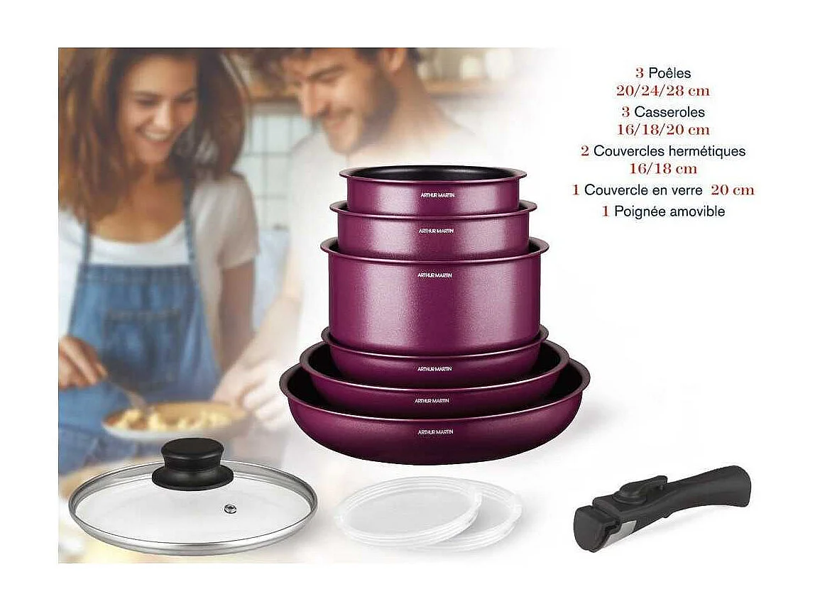 Arthur Martin AM2991 Kochgeschirr-Set 10-teilig Antihaft-Aluminium für alle Herdarten, inklusive Induktion, Pflaumenfarbe