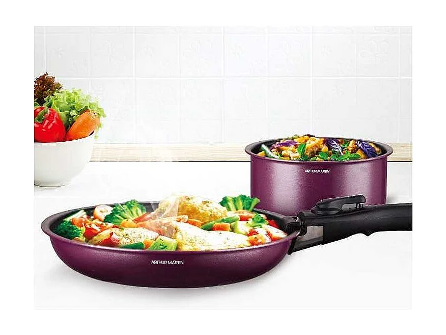 Batterie de cuisine - Tous feux dont induction - ARTHUR MARTIN - AM2991 - Aluminium revetement anti-adhésif - 10 pieces - Prune