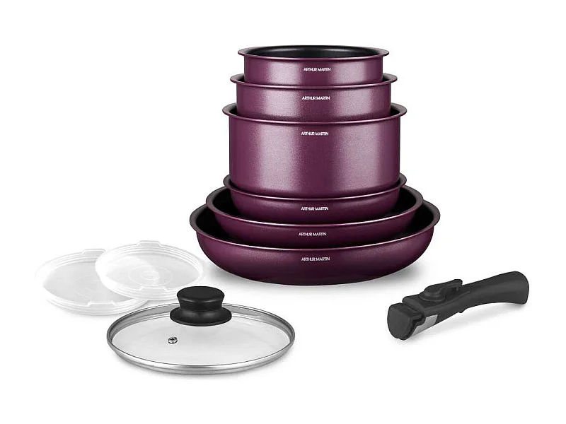 Arthur Martin AM2991 Kochgeschirr-Set 10-teilig Antihaft-Aluminium für alle Herdarten, inklusive Induktion, Pflaumenfarbe