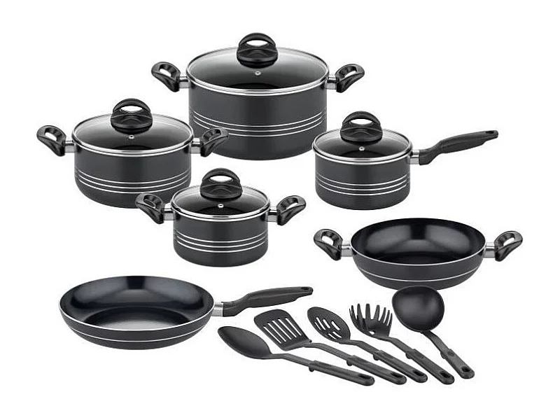 Batería de Cocina de Inducción GSW MILANO NERO 15 piezas Aluminio Macizo Antiadherente Negro