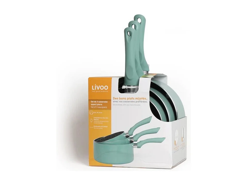Set de 3 casseroles LIVOO MEN125VS aluminium antiadhésif pierre Ø16-18-20 cm, manches silicone ergonomiques, tous feux dont induction