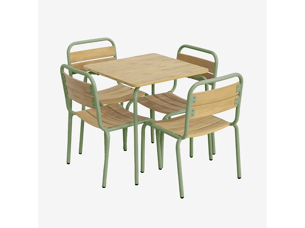 Mesa de jardín infantil de acero y decoración de madera con 4 asientos