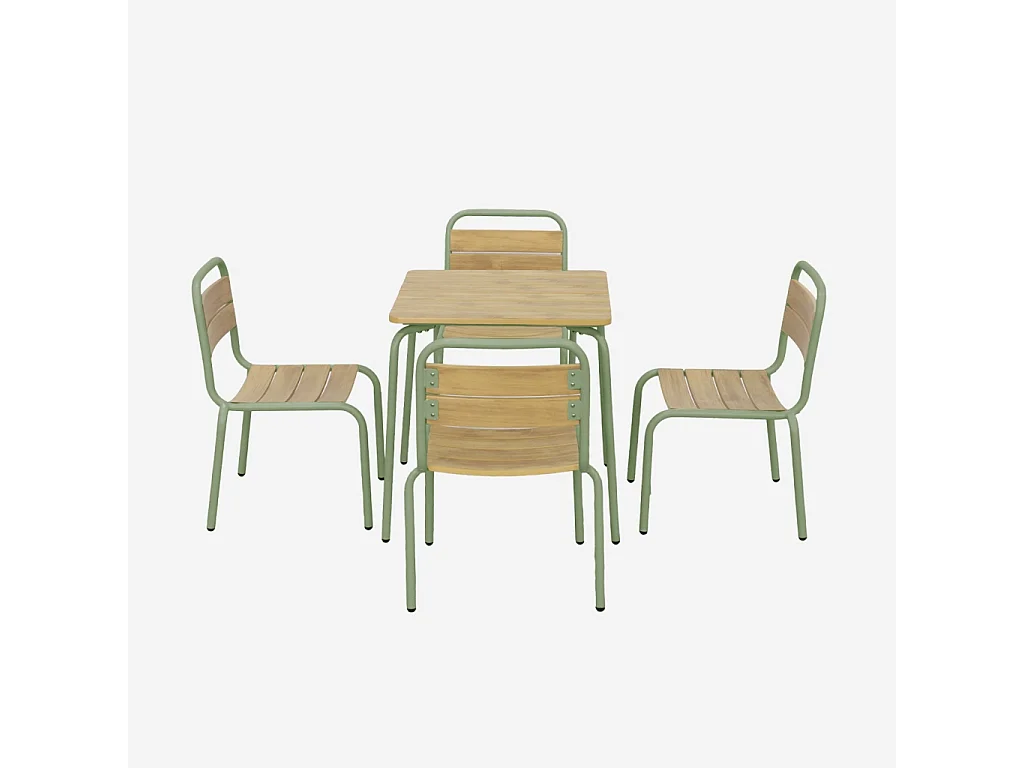Mesa de jardín infantil de acero y decoración de madera con 4 asientos