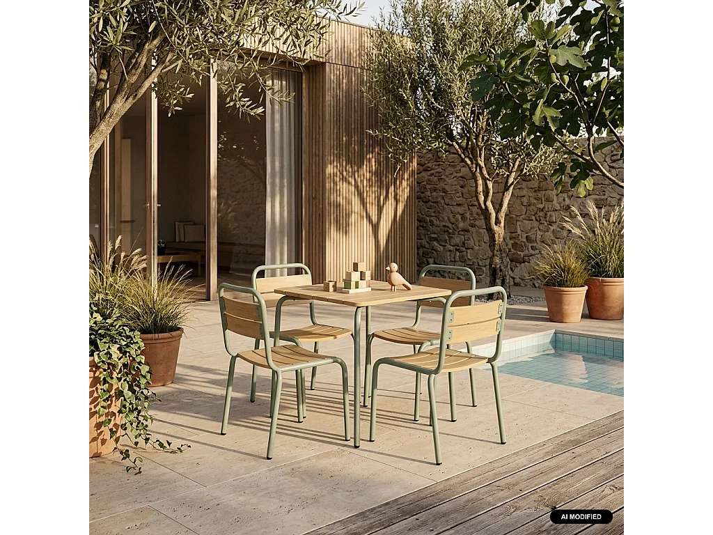 Mesa de jardín infantil de acero y decoración de madera con 4 asientos