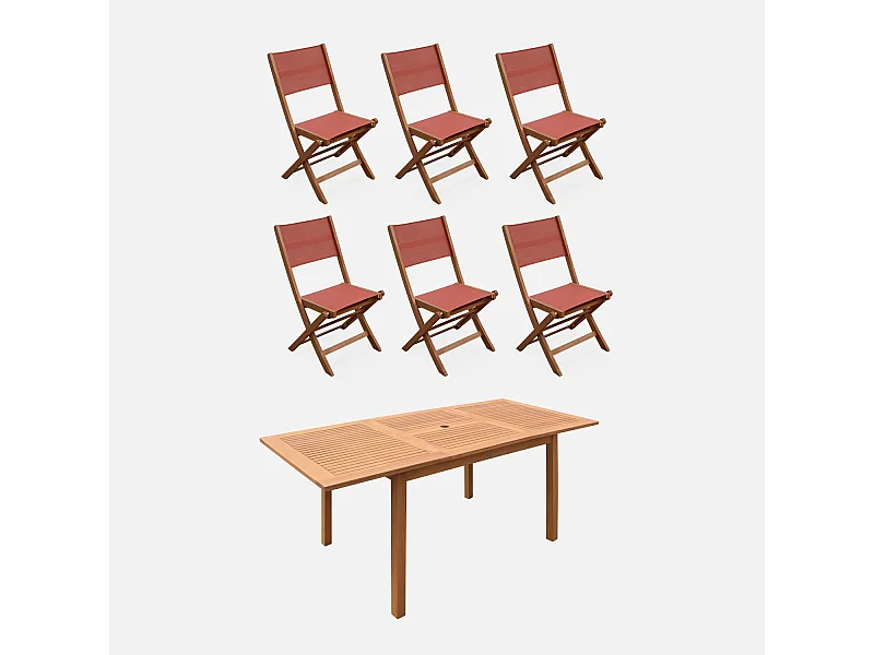 Mesa de jardín de madera extensible, 6 sillas madera
