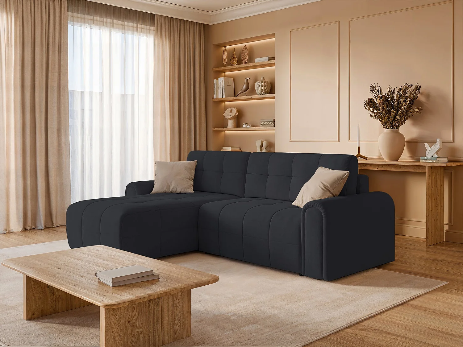 Canapé d’angle – convertible – méridienne – côté gauche – anthracite – en chenille – SIMOLLA