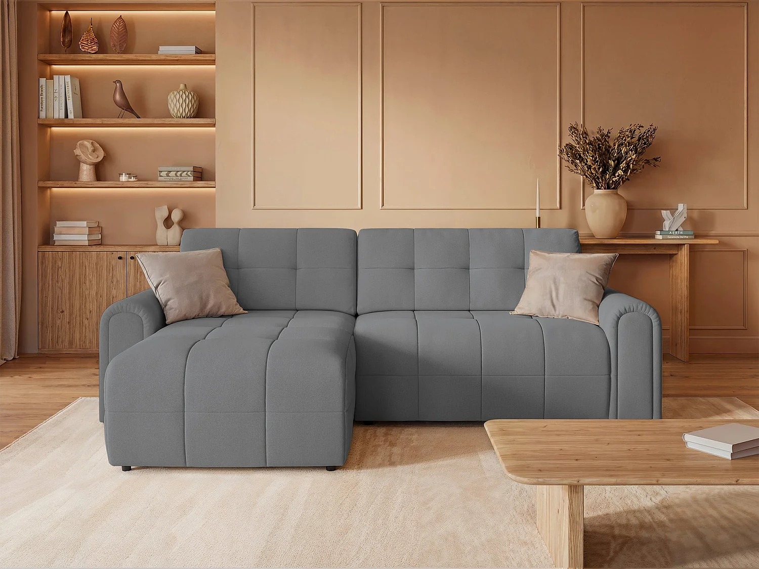 Ecksofa mit Schlaffunktion und Stauraum – links – Chenille – Grau – SIMOLLA