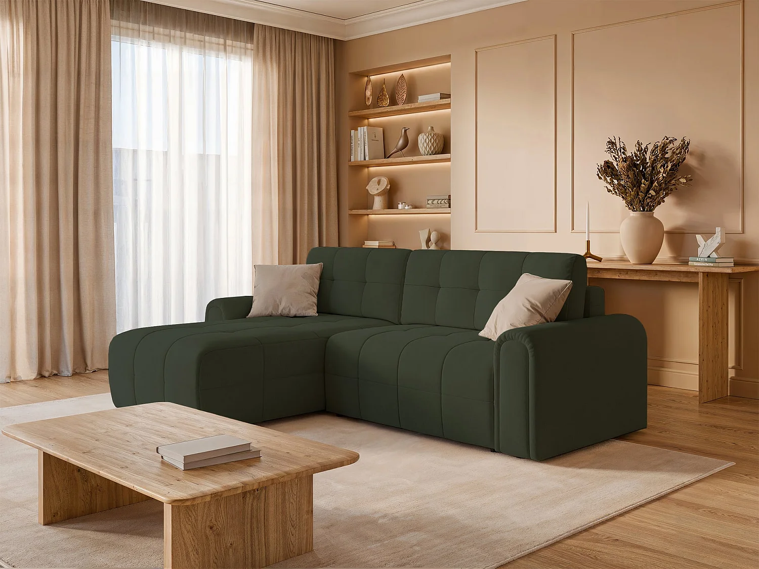 Ecksofa mit Schlaffunktion und Stauraum – links – Chenille – Olivgrün – SIMOLLA