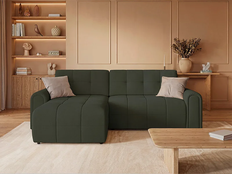 Canapé d’angle – convertible – méridienne – côté gauche – vert olive – en chenille – SIMOLLA