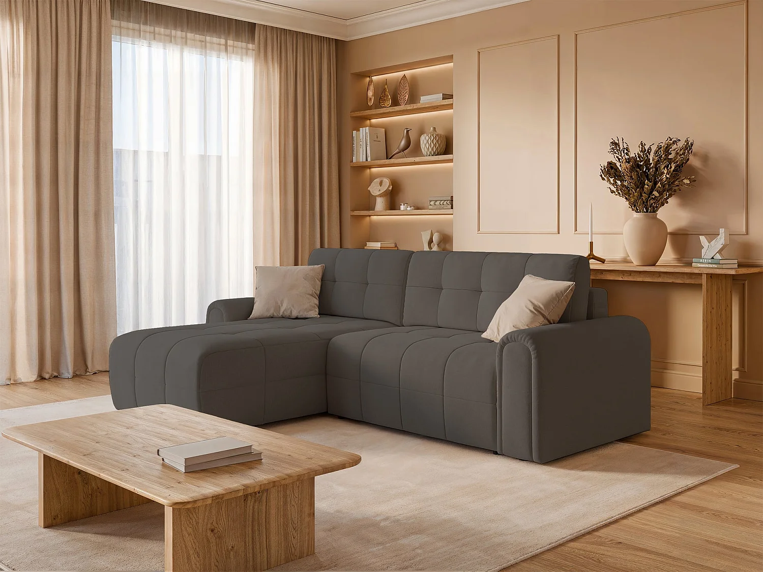 Ecksofa mit Schlaffunktion und Stauraum – links – Chenille – Taupe – SIMOLLA