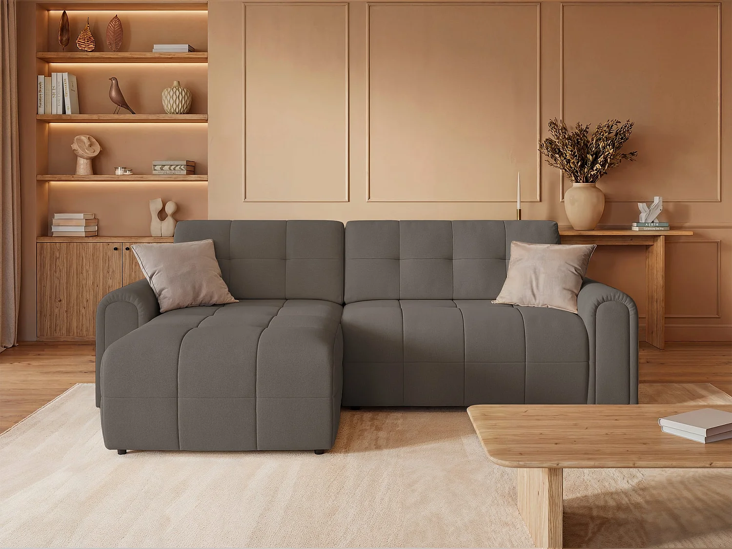 Canapé d’angle – convertible – méridienne – côté gauche – taupe – en chenille – SIMOLLA