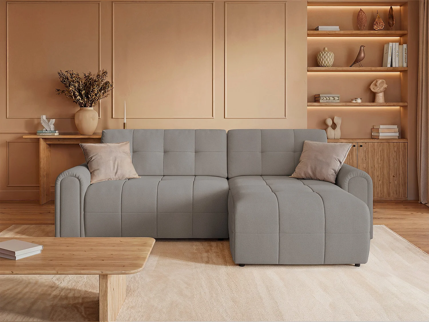 Ecksofa mit Schlaffunktion und Stauraum – rechts – Chenille – Greige – SIMOLLA