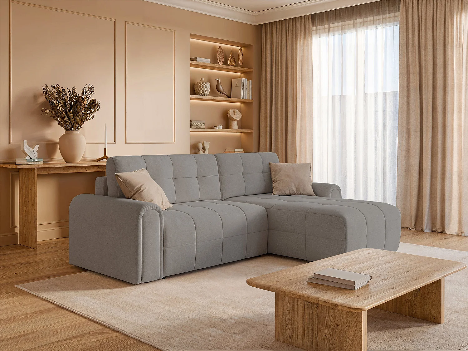 Ecksofa mit Schlaffunktion und Stauraum – rechts – Chenille – Greige – SIMOLLA