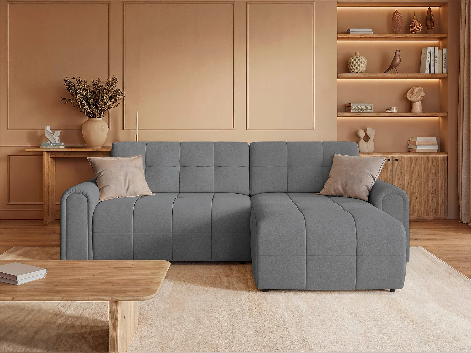 Canapé d’angle – convertible – méridienne – côté droit – gris – en chenille – SIMOLLA