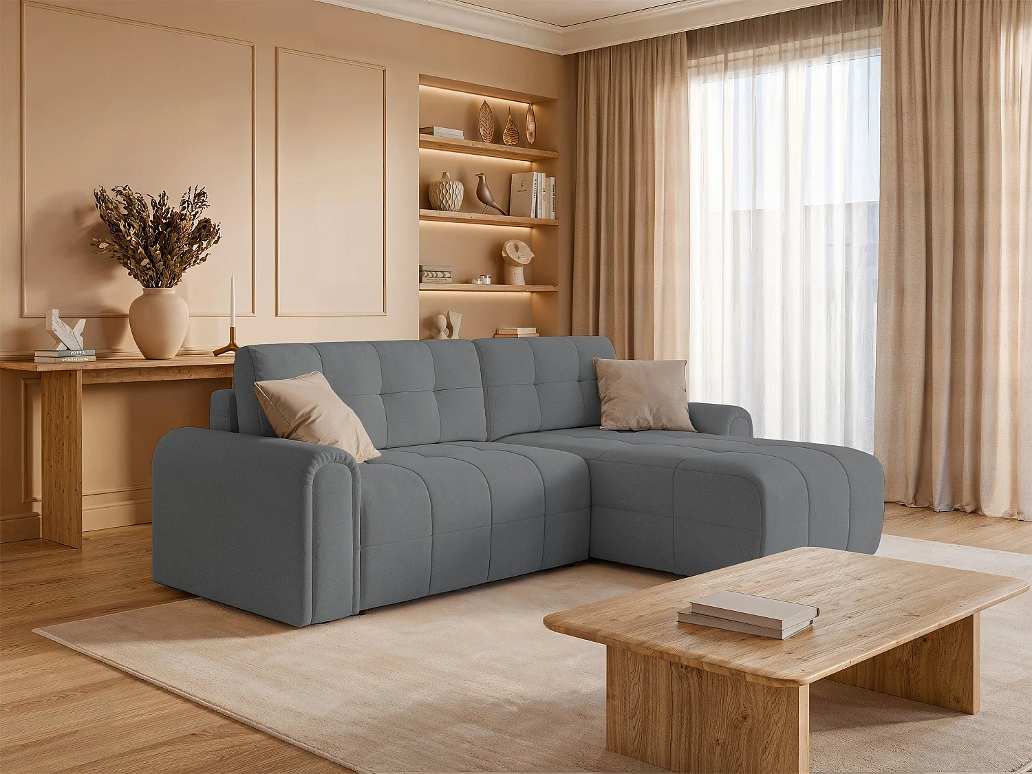 Canapé d’angle – convertible – méridienne – côté droit – gris – en chenille – SIMOLLA