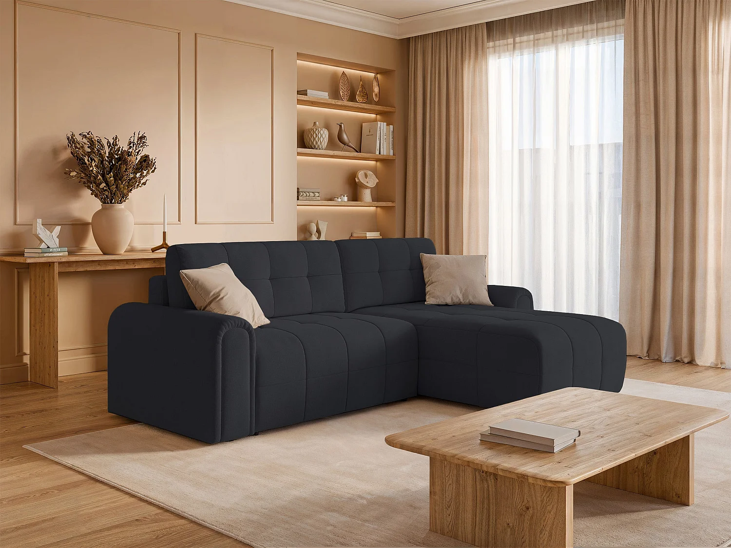 Ecksofa mit Schlaffunktion und Stauraum – rechts – Chenille – Anthrazit – SIMOLLA