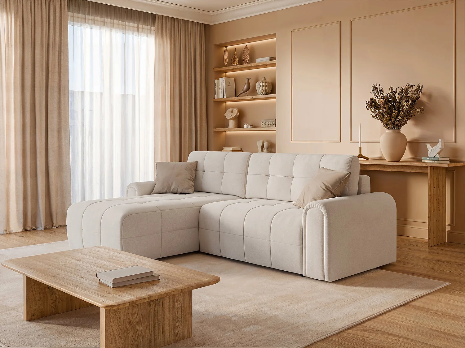 Ecksofa mit Schlaffunktion und Stauraum – links – Chenille – Creme – SIMOLLA