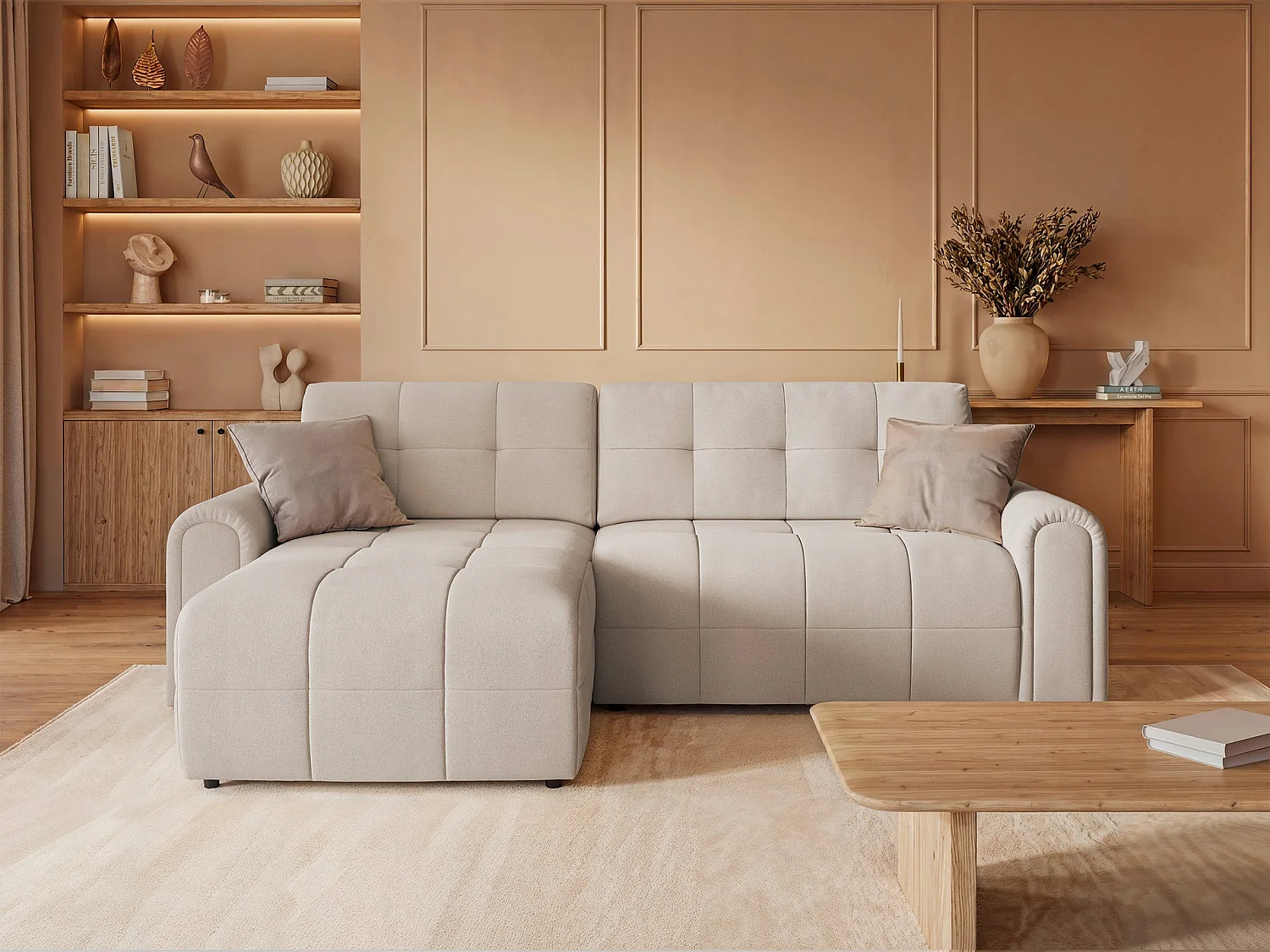 Canapé d’angle – convertible – méridienne – côté gauche – crème – en chenille – SIMOLLA