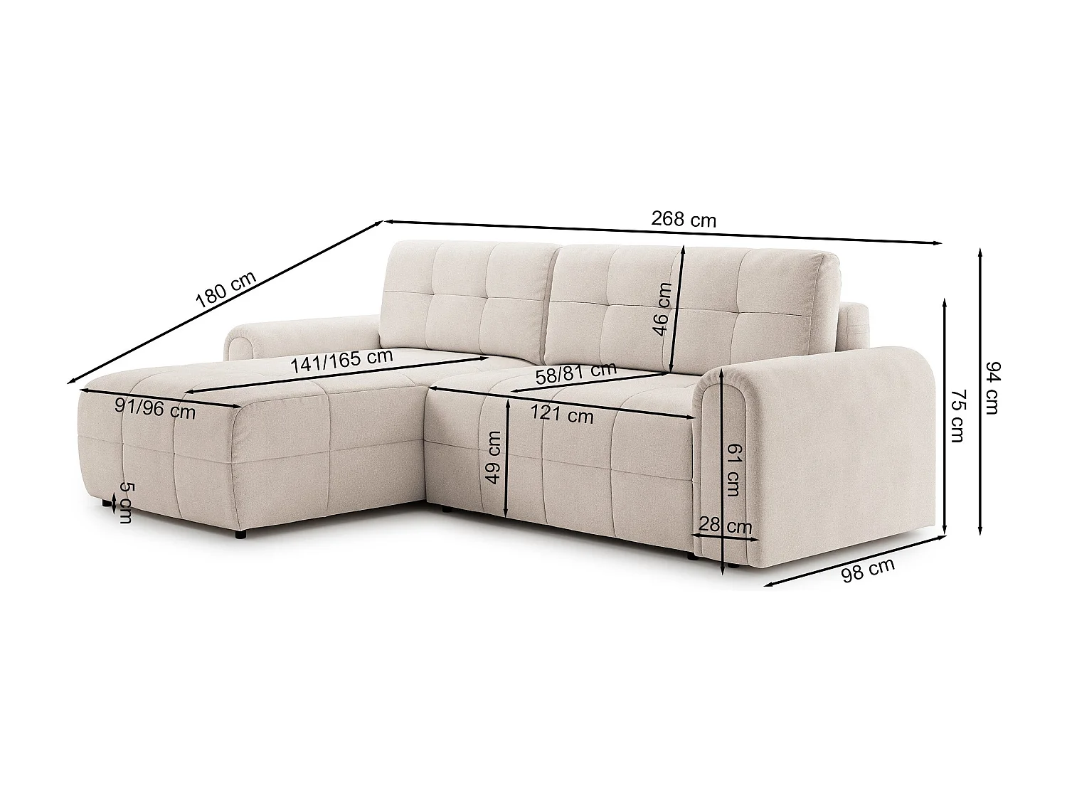 Canapé d’angle – convertible – méridienne – côté gauche – crème – en chenille – SIMOLLA
