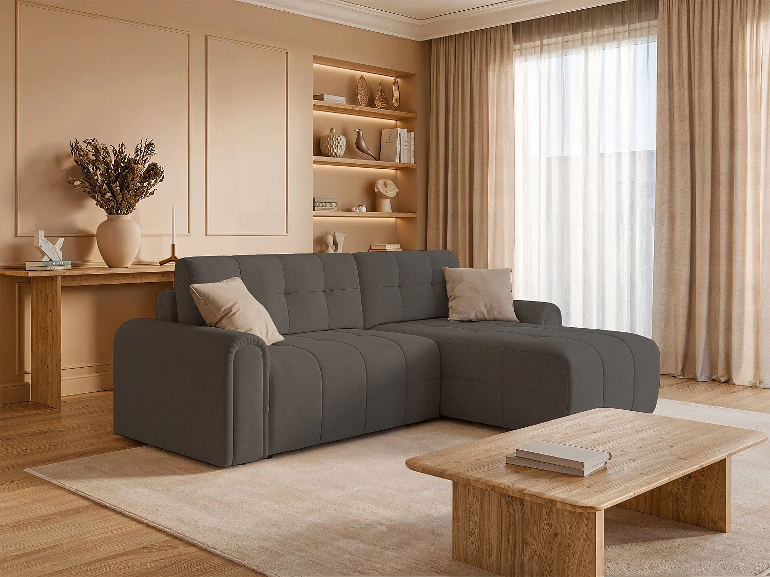 Ecksofa mit Schlaffunktion und Stauraum – rechts – Chenille – Taupe – SIMOLLA
