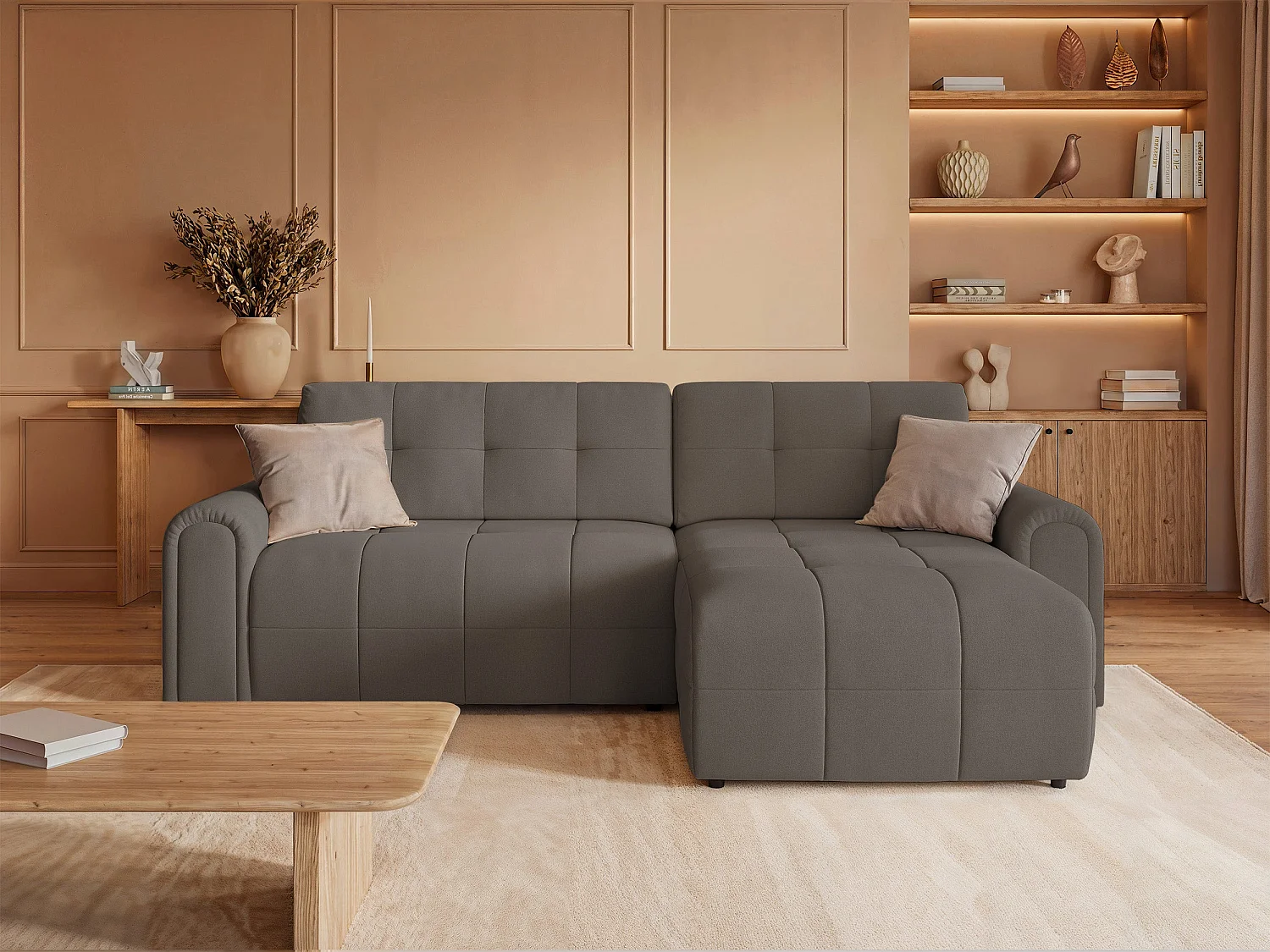 Canapé d’angle – convertible – méridienne – côté droit – taupe – en chenille – SIMOLLA
