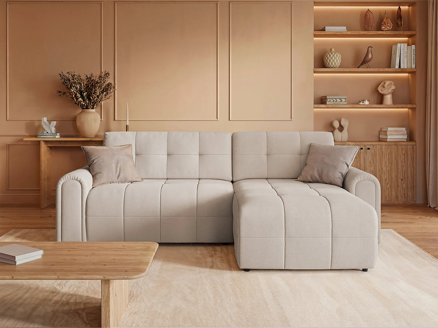 Canapé d’angle – convertible – méridienne – côté droit – crème – en chenille – SIMOLLA