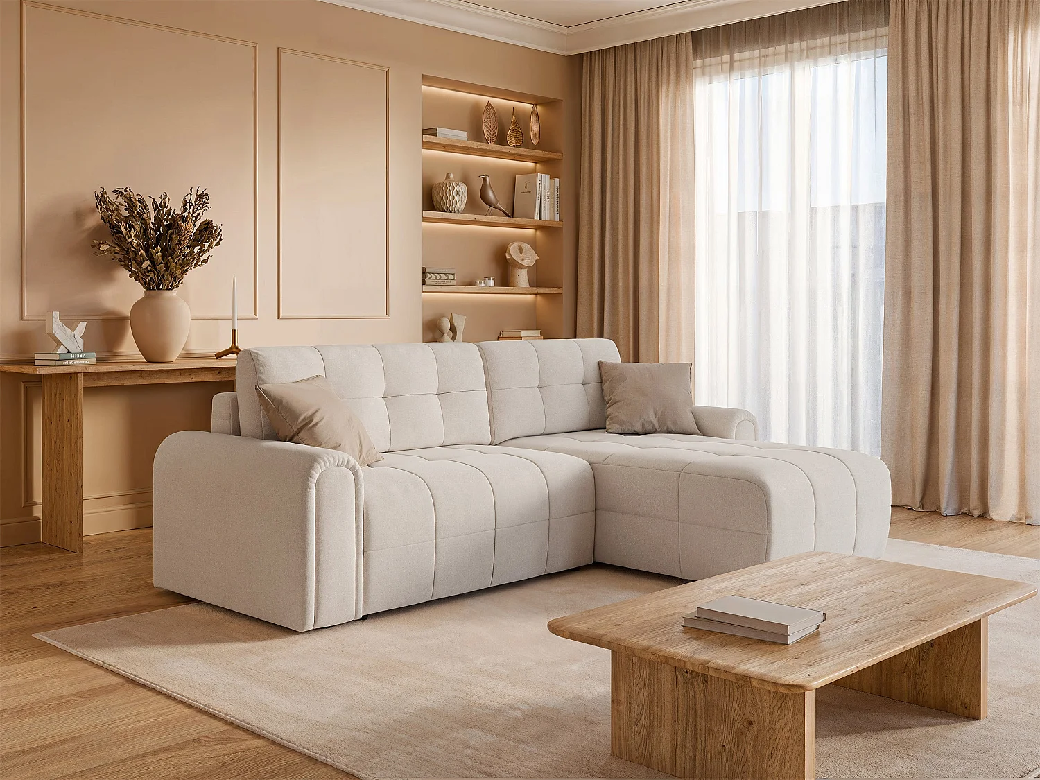 Canapé d’angle – convertible – méridienne – côté droit – crème – en chenille – SIMOLLA