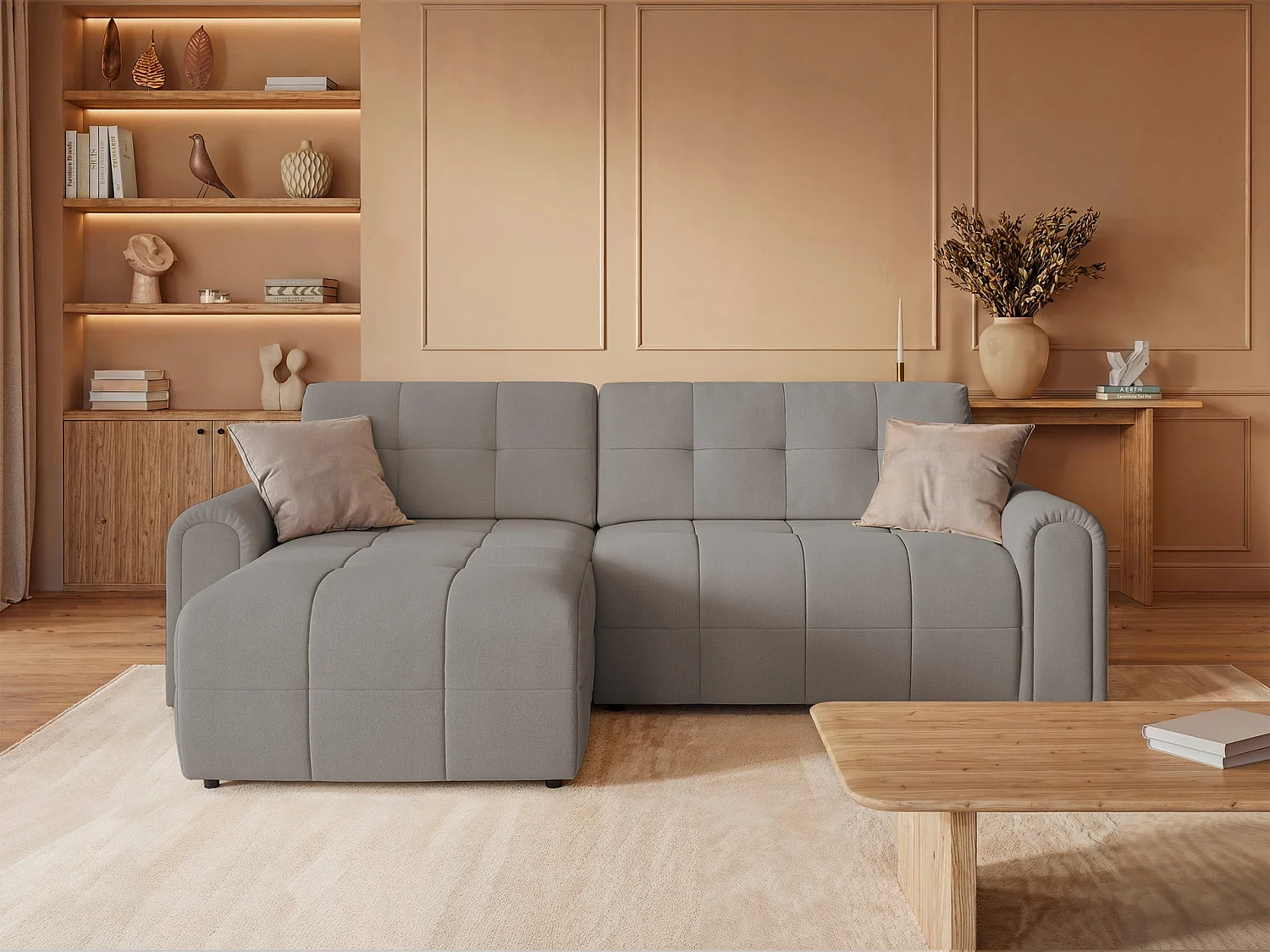 Ecksofa mit Schlaffunktion und Stauraum – links – Chenille – Greige – SIMOLLA