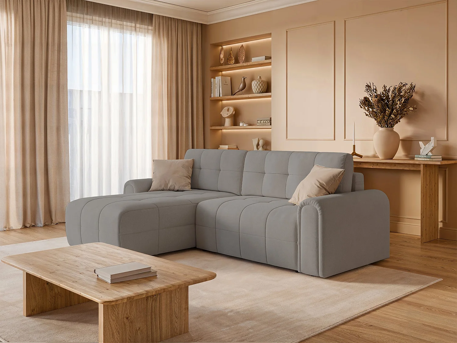 Ecksofa mit Schlaffunktion und Stauraum – links – Chenille – Greige – SIMOLLA