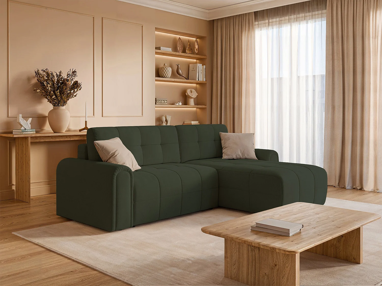Canapé d’angle – convertible – méridienne – côté droit – vert olive – en chenille – SIMOLLA