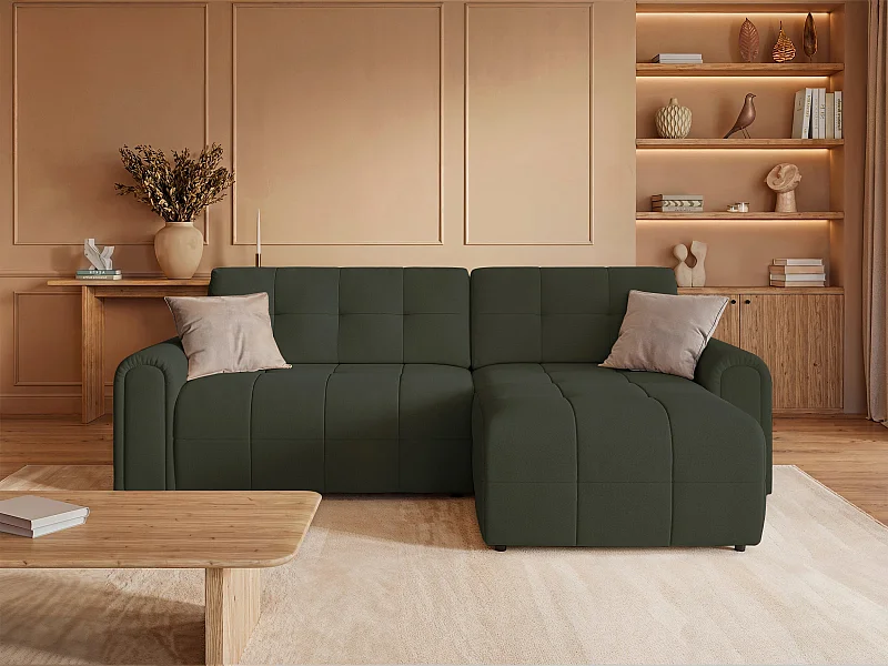 Canapé d’angle – convertible – méridienne – côté droit – vert olive – en chenille – SIMOLLA