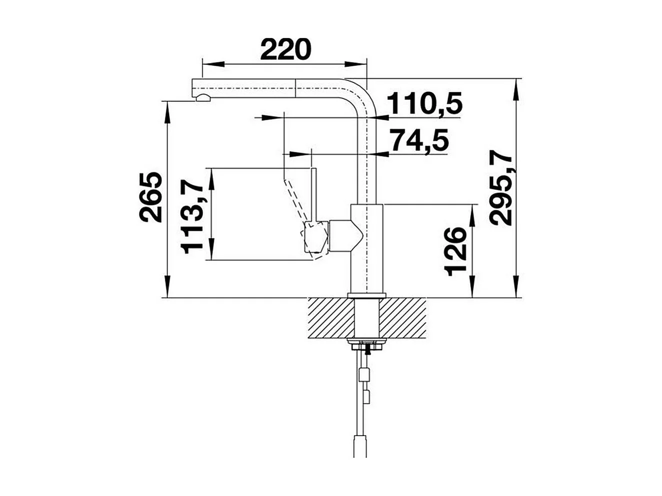 Küchenmischer aus gebürstetem Edelstahl BLANCO LANORA-S mit ausziehbarer Brause und 190° schwenkbarem Auslauf