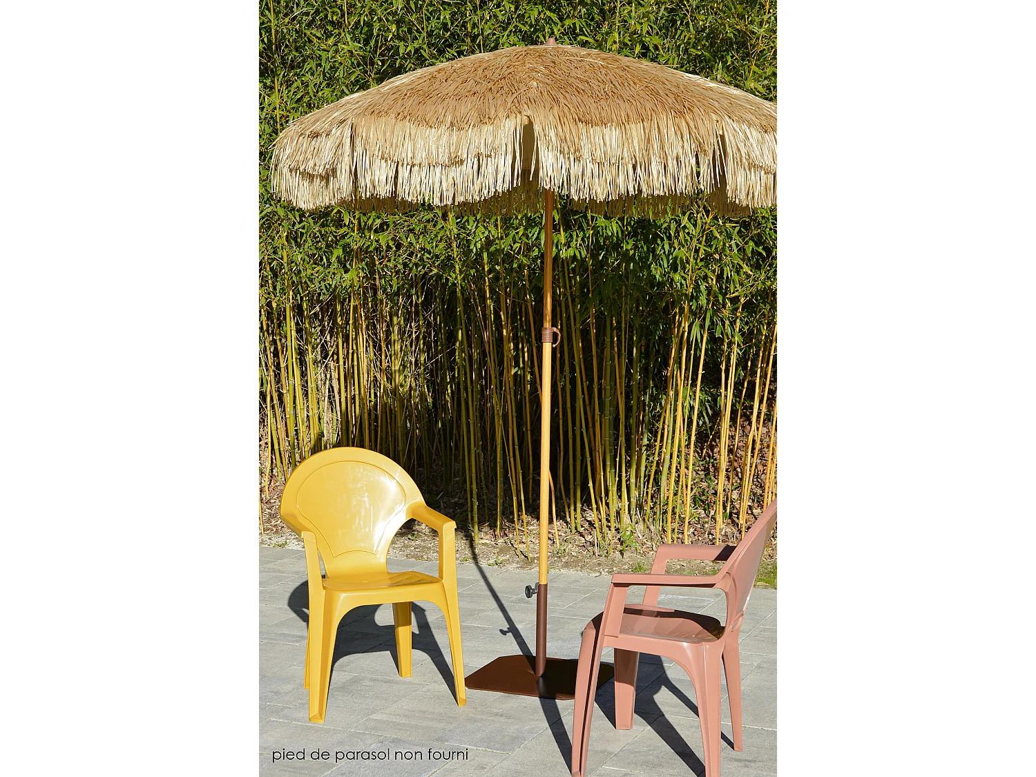Lichte parasol met franjes in staal natuurlijke houtafwerking - HAWAI